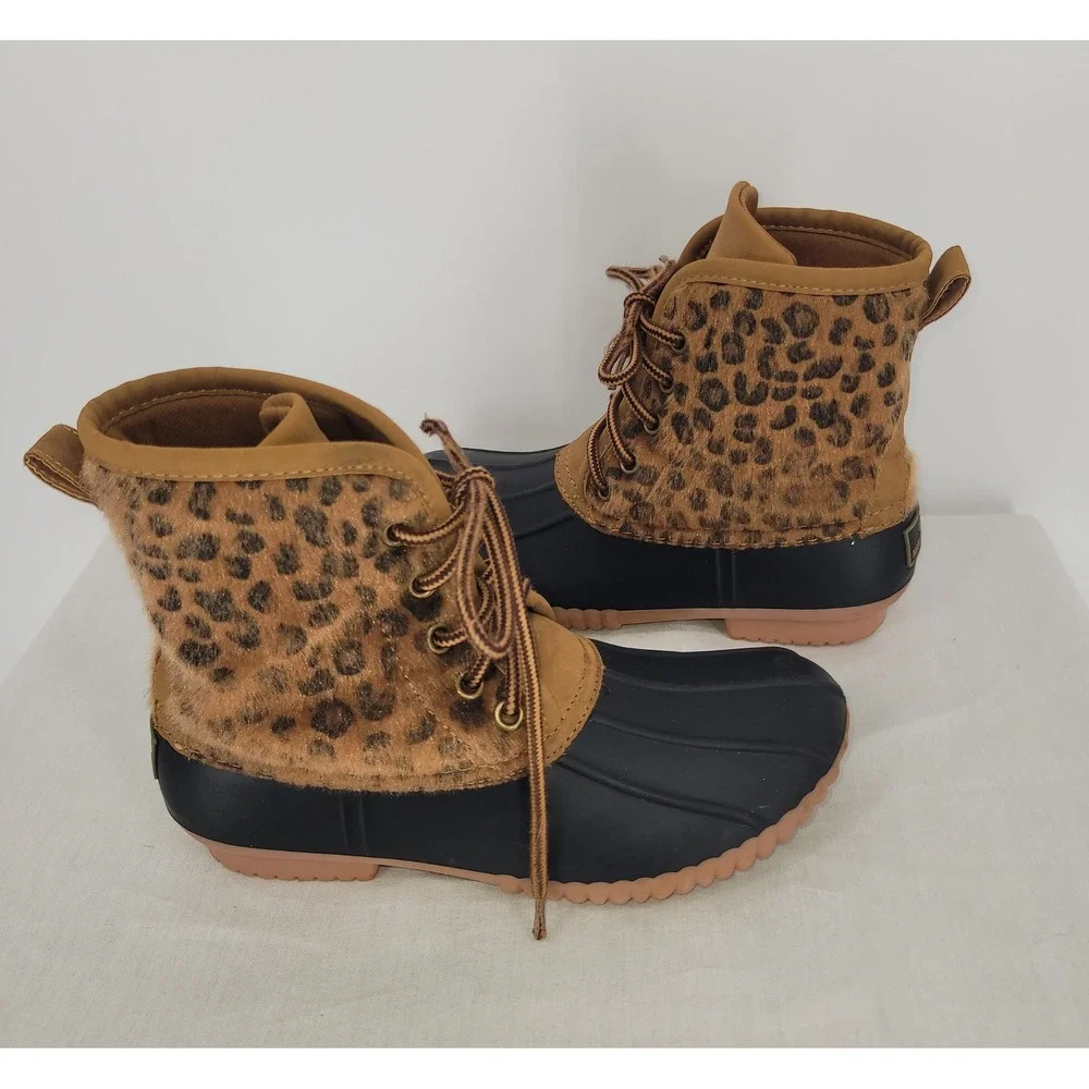 MarleyLilly Leopard Print Duck Boots - Lace‎ Up Ankle Rain Boots
